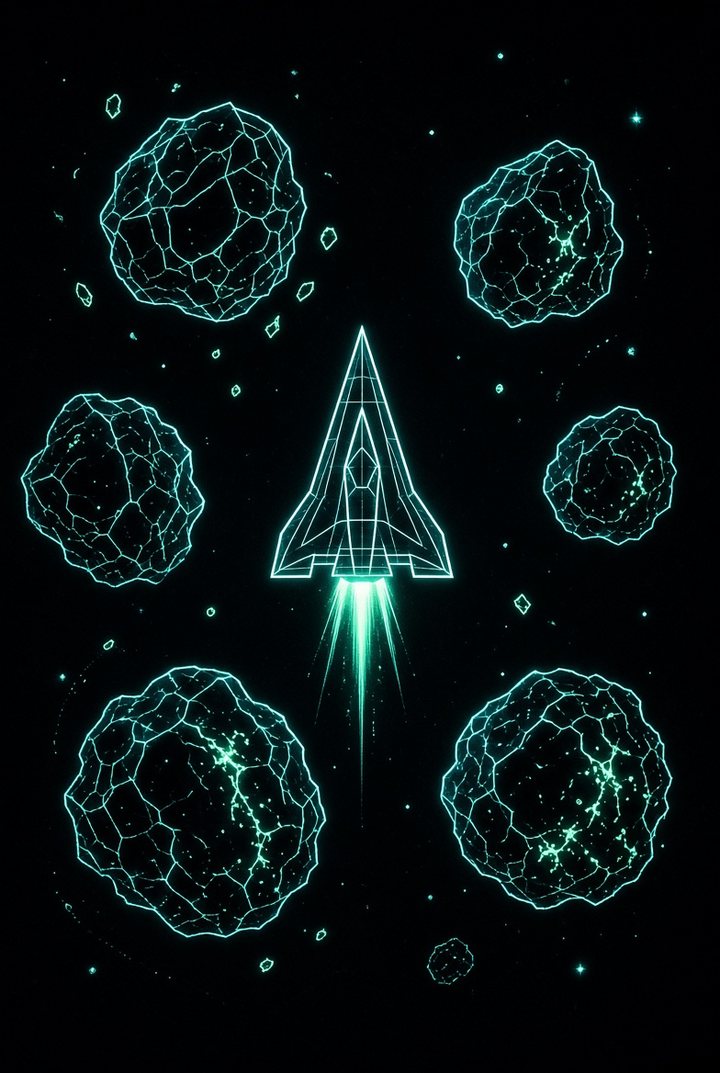 Wireframe ship among asteroids