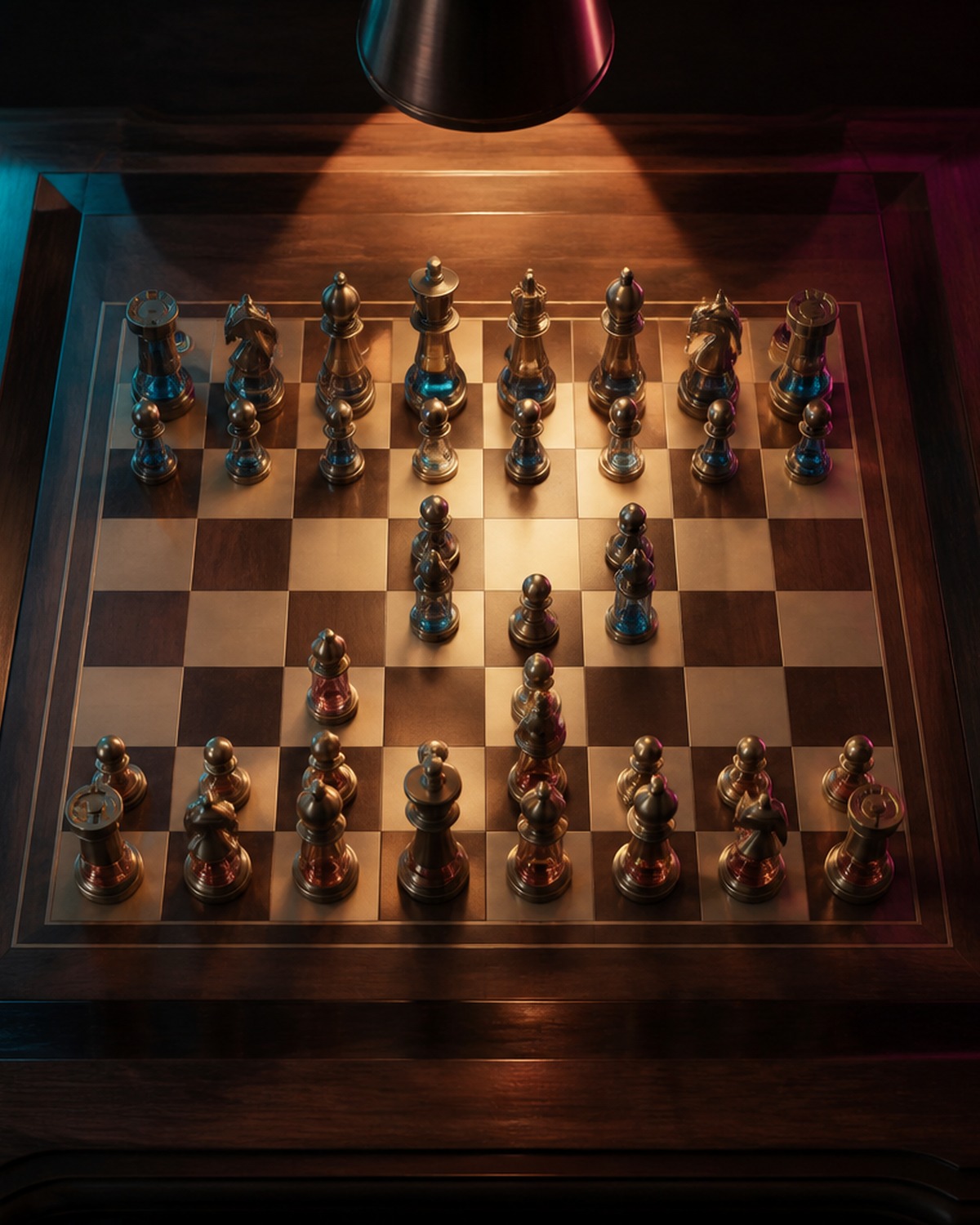 Walnut parlour chess table under a cone of warm light, cyan and magenta edge glow