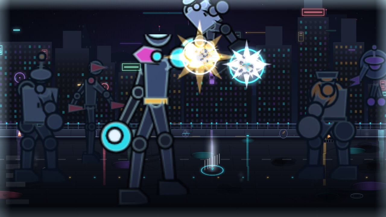 VOLT uppercutting a haywire service-bot under neon signs