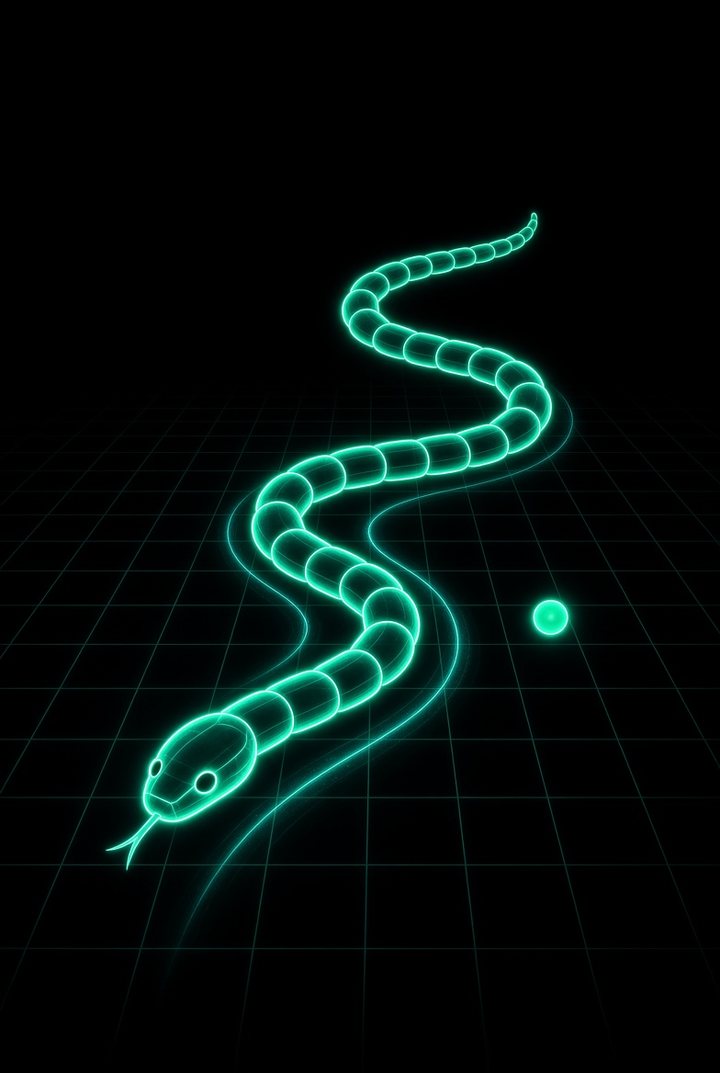 Glowing neon snake on a dark grid