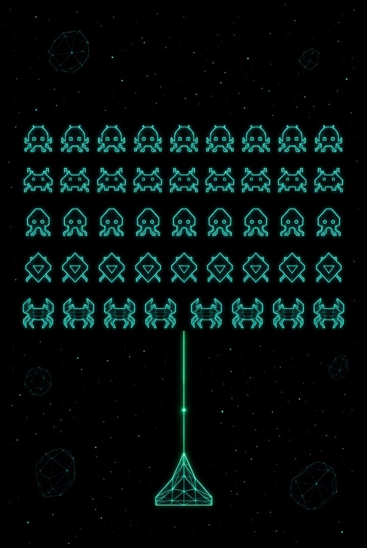 Rows of neon invaders above a player ship