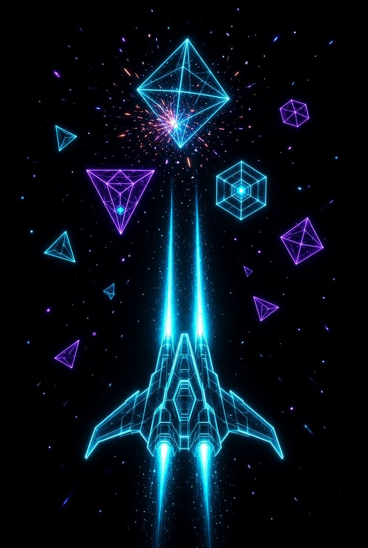 Ship firing dual beams at geometric foes