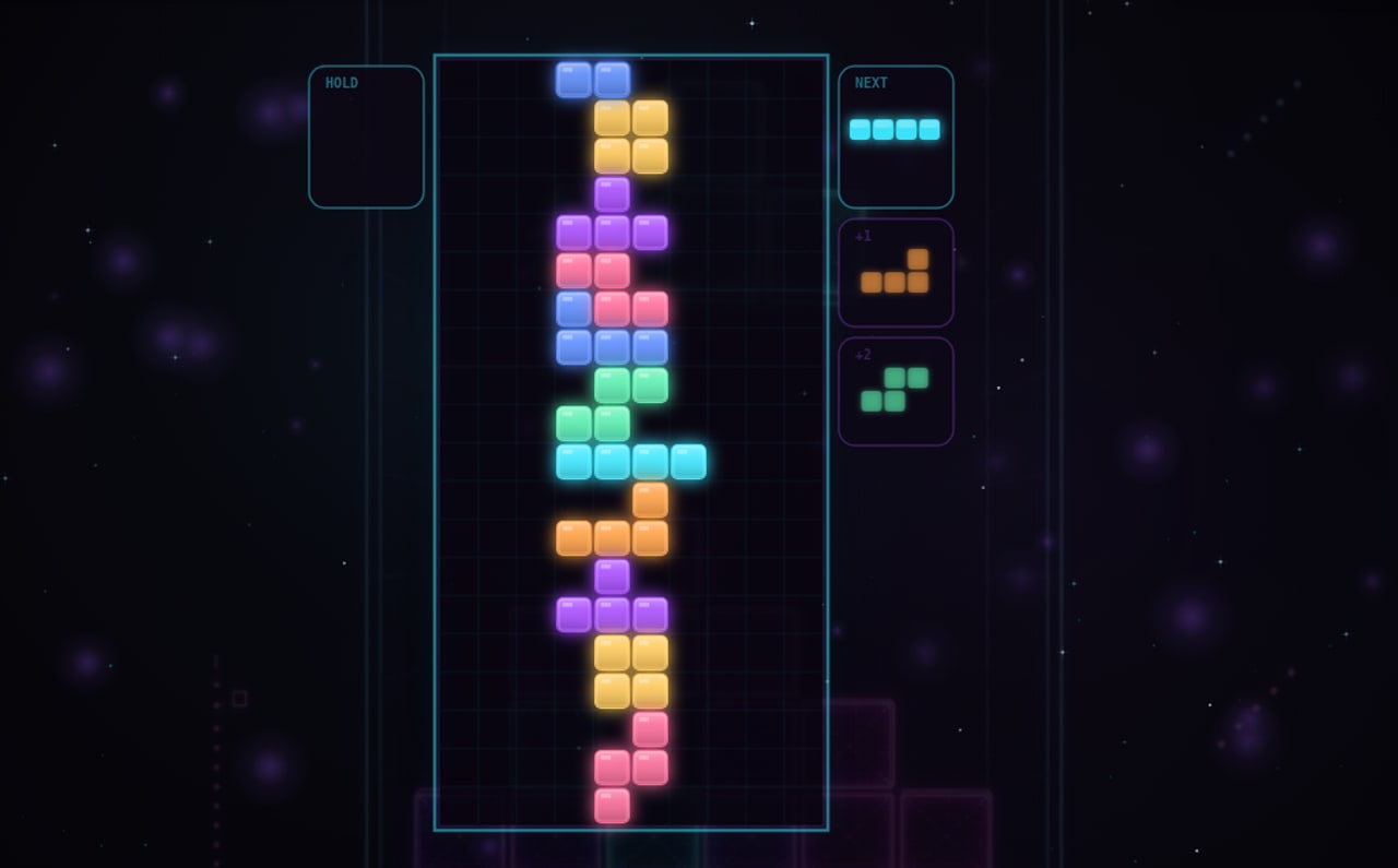 Neon blocks stacking in a wireframe well