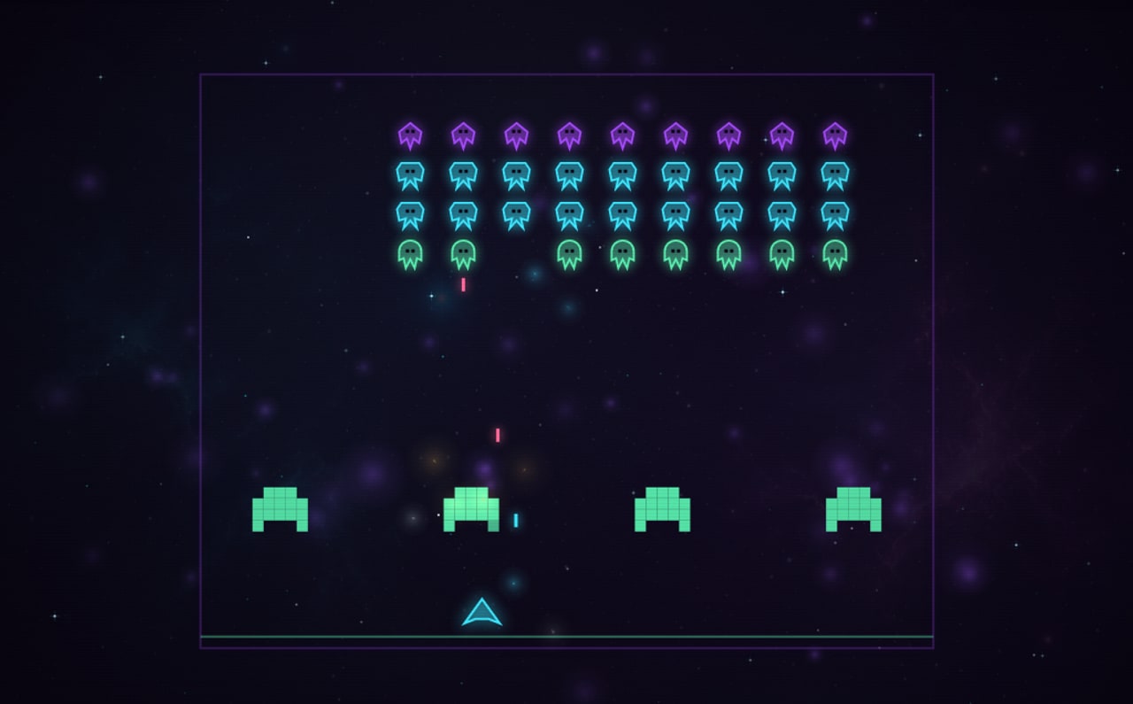 Rows of neon invaders above a player ship